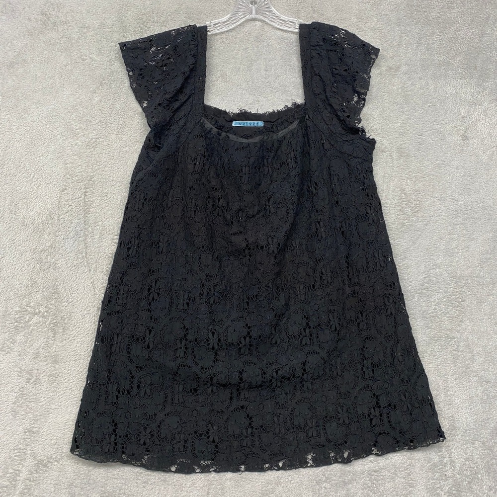 Velvet Dress Womens Size L Black Lace Square Neck Flutter Sleeve A Line Mini